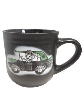 Cobwebs & Cauldrons Halloween Mug Skeleton Driving Car Black Ceramic 12 oz READ
